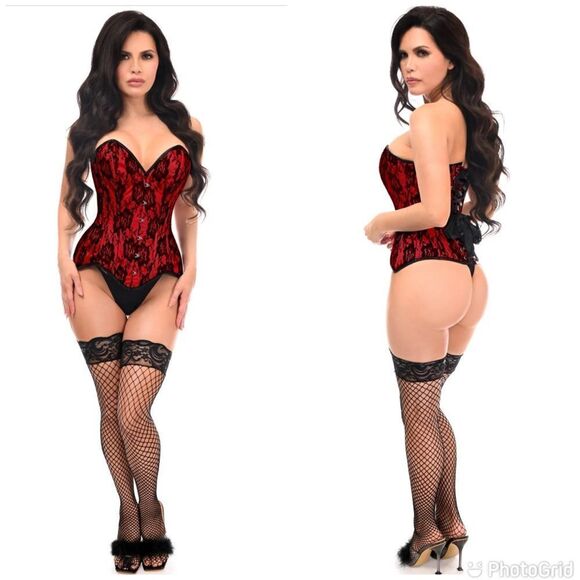 Daisy Corsets Top Drawer Red Satin w/Black Lace Overlay Steel Boned Overbust - Picture 1 of 16